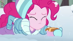 Size: 1280x720 | Tagged: safe, derpibooru import, screencap, pinkie pie, equestria girls, equestria girls series, holidays unwrapped, spoiler:eqg series (season 2), out of context, saving pinkie's pie, snow, souffle