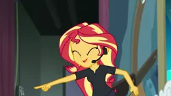 Size: 1920x1080 | Tagged: safe, derpibooru import, screencap, sunset shimmer, all the world's off stage, equestria girls, equestria girls series, female, headset, solo