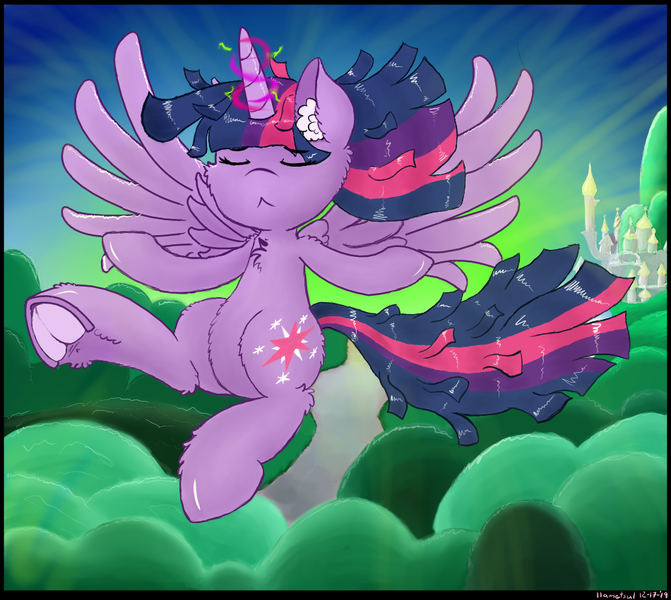 Size: 950x850 | Tagged: safe, artist:llametsul, derpibooru import, twilight sparkle, twilight sparkle (alicorn), alicorn, pony, cutie mark, ear fluff, eyes closed, frog (hoof), glowing horn, horn, magic, underhoof, wings