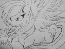 Size: 1280x960 | Tagged: safe, artist:petanoprime, derpibooru import, rainbow dash, pegasus, pony, 20% cooler, female, grin, lineart, mare, smiling, solo, text, traditional art