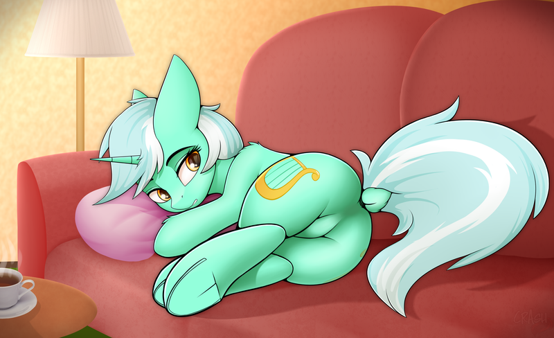 Size: 3774x2304 | Tagged: suggestive, alternate version, artist:crash9902, derpibooru import, lyra heartstrings, pony, unicorn, couch, dock, drink, featureless crotch, female, frog (hoof), lamp, looking at you, looking back, lying, mare, solo, solo female, stupid sexy lyra, underhoof