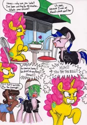 Size: 1382x1970 | Tagged: safe, artist:newyorkx3, derpibooru import, oc, oc:karen, oc:mikey, unofficial characters only, earth pony, pony, unicorn, angry, bowl, cap, chair, clothes, daisy (flower), female, flower, food, grass, gritted teeth, hat, husband and wife, jacket, kakey, male, restaurant, table, unamused, window
