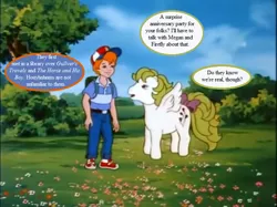 Size: 771x576 | Tagged: adoraprise, baseball cap, bow, cap, cute, dannybetes, danny williams, derpibooru import, dialogue, edit, edited screencap, g1, gulliver's travels, hat, implied firefly, implied megan, my little pony 'n friends, narnia, safe, screencap, speech bubble, surprise, tail bow, the great rainbow caper, tree
