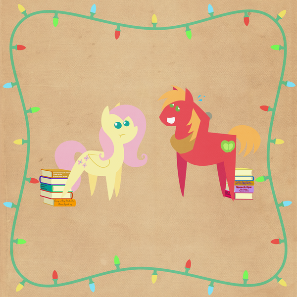 Size: 2000x2000 | Tagged: safe, anonymous artist, derpibooru import, big macintosh, fluttershy, pony, series:12 days of hearth's warming, series:fm holidays, 12 days of christmas, :t, book, border, christmas, christmas lights, female, fluttermac, grin, hearth's warming, holiday, looking away, male, nervous, nervous grin, pointy ponies, pushing, shipping, smiling, straight, sweat, texture