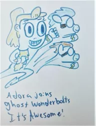 Size: 783x1020 | Tagged: safe, artist:dex stewart, derpibooru import, soarin', spitfire, ghost, pegasus, pony, undead, rainbow dash presents, adora, cupcake, food, ghost wonderbolts, she-ra, she-ra and the princesses of power, traditional art