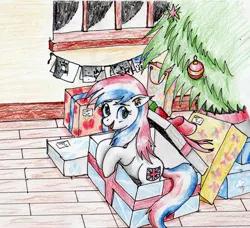 Size: 2660x2425 | Tagged: safe, artist:40kponyguy, derpibooru import, oc, oc:britannia (uk ponycon), unofficial characters only, earth pony, pony, box, christmas, christmas card, christmas tree, ear fluff, holiday, looking at you, pony in a box, present, solo, traditional art, tree, uk ponycon, wooden floor