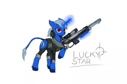 Size: 1500x1000 | Tagged: safe, anonymous artist, derpibooru import, oc, oc:lucky star (xponi), pony, unicorn, fanfic:xponi, fanfic art, female, leonine tail, red eyes, simple background, solo, weapon, x-com, xcom: enemy unknown