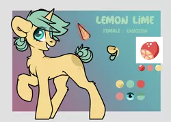 Size: 2500x1792 | Tagged: safe, artist:itsspoopsb, artist:spoopygander, derpibooru import, oc, oc:lemon lime (ender), pony, unicorn, female, glowing horn, horn, looking at you, mare, reference, reference sheet, smiling, tongue out