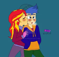 Size: 915x873 | Tagged: safe, artist:resotii, derpibooru import, flash sentry, sunset shimmer, equestria girls, equestria girls series, holidays unwrapped, spoiler:eqg series (season 2), deviantart watermark, female, flashimmer, kiss on the cheek, kissing, male, obtrusive watermark, shipping, straight, watermark