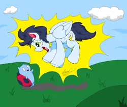 Size: 1660x1396 | Tagged: safe, artist:lucas_gaxiola, derpibooru import, soarin', pegasus, pony, adventure time, catbug, cloud, crossover, excited, jumping, male, open mouth, signature, stallion