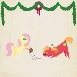 Size: 2000x2000 | Tagged: safe, anonymous artist, derpibooru import, big macintosh, fluttershy, pony, series:12 days of hearth's warming, series:fm holidays, 12 days of christmas, bag, big eyes, border, christmas, christmas wreath, cute, dice, female, fluttermac, garland, happy, hearth's warming, holiday, macabetes, male, pointy ponies, shipping, smiling, straight, texture, wreath