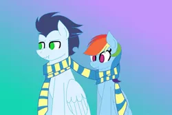 Size: 1280x855 | Tagged: safe, artist:northgirl15, derpibooru import, rainbow dash, soarin', clothes, female, male, scarf, scrunchy face, shared clothing, shared scarf, shipping, soarindash, straight