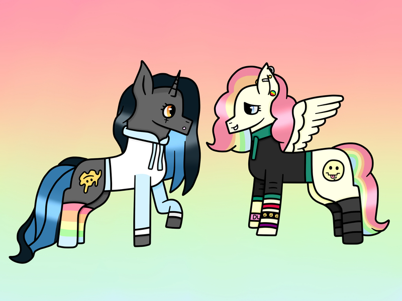 Size: 2048x1536 | Tagged: safe, artist:lightningbolt39, derpibooru import, oc, oc:cheery candy, oc:tough cookie (ice1517), unofficial characters only, pegasus, pony, unicorn, bracelet, cheerycookie, clothes, clothes swap, ear piercing, earring, female, gradient background, hoodie, jewelry, lesbian, looking at each other, makeup, mare, multicolored hair, oc x oc, piercing, rainbow hair, rainbow socks, raised hoof, shipping, socks, striped socks, wristband