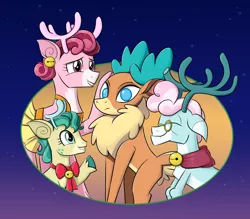 Size: 1200x1050 | Tagged: safe, artist:mew-me, derpibooru import, alice the reindeer, aurora the reindeer, bori the reindeer, velvet reindeer, deer, reindeer, them's fightin' herds, best gift ever, community related, cute, eyes closed, female, no pupils, smiling