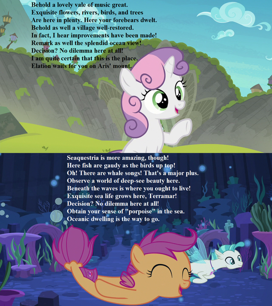 Size: 1280x1440 | Tagged: acrostic, cute, cutealoo, derpibooru import, diasweetes, edit, edited screencap, harmonizing heights, jewelry, misspelling, necklace, poem, safe, scootaloo, screencap, seaponified, seapony (g4), seapony scootaloo, seaquestria, shoo be doo, species swap, surf and/or turf, sweetie belle, terrabetes, terramar