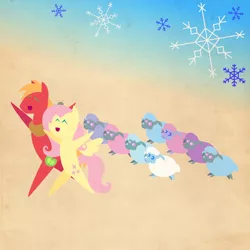 Size: 2000x2000 | Tagged: safe, anonymous artist, derpibooru import, big macintosh, fluttershy, pony, sheep, series:12 days of hearth's warming, series:fm holidays, 12 days of christmas, ^^, bipedal, border, christmas, eyes closed, female, fluttermac, hearth's warming, holiday, male, open mouth, outstretched arms, pointy ponies, prancing, shipping, snow, snowflake, straight, texture, tiny ewes