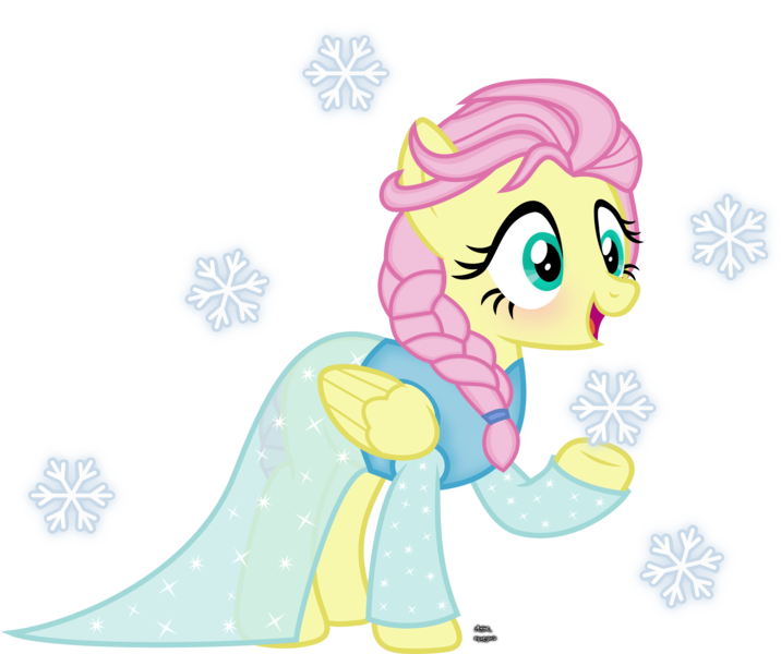 Size: 2152x1804 | Tagged: alternate hairstyle, artist:anime-equestria, blushing, braid, clothes, cute, derpibooru import, disney, dress, elsa, female, fluttershy, frozen (movie), hairband, happy, long sleeves, mare, open mouth, parody, pegasus, safe, shyabetes, simple background, snow, snowflake, solo, sparkles, transparent background, vector, wings