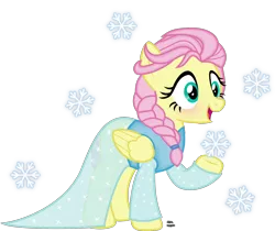 Size: 2152x1804 | Tagged: alternate hairstyle, artist:anime-equestria, blushing, braid, clothes, cute, derpibooru import, disney, dress, elsa, female, fluttershy, frozen (movie), hairband, happy, long sleeves, mare, open mouth, parody, pegasus, safe, shyabetes, simple background, snow, snowflake, solo, sparkles, transparent background, vector, wings