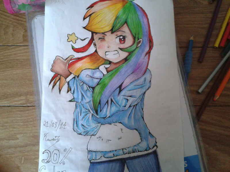 Size: 1280x960 | Tagged: 20% cooler, artist:カワイ-, derpibooru import, human, humanized, one eye closed, rainbow dash, safe, solo, stars, traditional art, wink