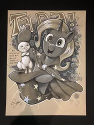 Size: 1536x2048 | Tagged: safe, artist:andypriceart, derpibooru import, angel bunny, trixie, unicorn, cape, clothes, female, hat, implied poop, mare, traditional art, trixie's cape, trixie's hat