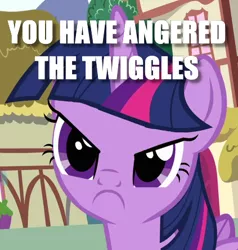 Size: 423x444 | Tagged: safe, derpibooru import, edit, edited screencap, screencap, twilight sparkle, twilight sparkle (alicorn), alicorn, pony, pinkie pride, :c, >:c, angry, caption, cropped, cute, female, frown, image macro, madorable, mare, reaction image, solo, text, twiggles