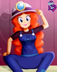 Size: 920x1160 | Tagged: safe, artist:the-butch-x, derpibooru import, golden hazel, equestria girls, equestria girls series, opening night, butch's hello, clothes, cute, equestria girls logo, female, hat, hello x, helmet, lipstick, looking at you, mining helmet, overalls, sitting, smiling, solo