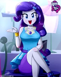 Size: 920x1160 | Tagged: safe, artist:the-butch-x, derpibooru import, rarity, equestria girls, beautiful, bracelet, butch's hello, crossed legs, cute, equestria girls logo, female, geode of shielding, hello x, jewelry, legs, looking at you, magical geodes, open mouth, pencil skirt, raribetes, signature, smiling, solo