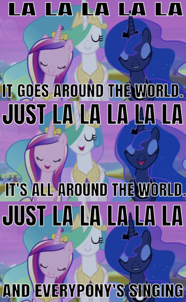 Size: 572x924 | Tagged: safe, derpibooru import, edit, edited screencap, editor:undeadponysoldier, screencap, princess cadance, princess celestia, princess luna, alicorn, pony, twilight's kingdom, around the world (la la la la la), atc, female, mare, singing, song reference