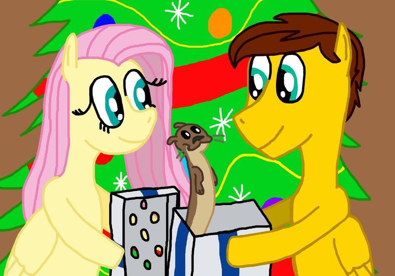 Size: 1280x892 | Tagged: safe, artist:sb1991, derpibooru import, fluttershy, oc, oc:film reel, oc:phil, otter, pegasus, pony, christmas, hearth's warming, hearth's warming eve, holiday, present