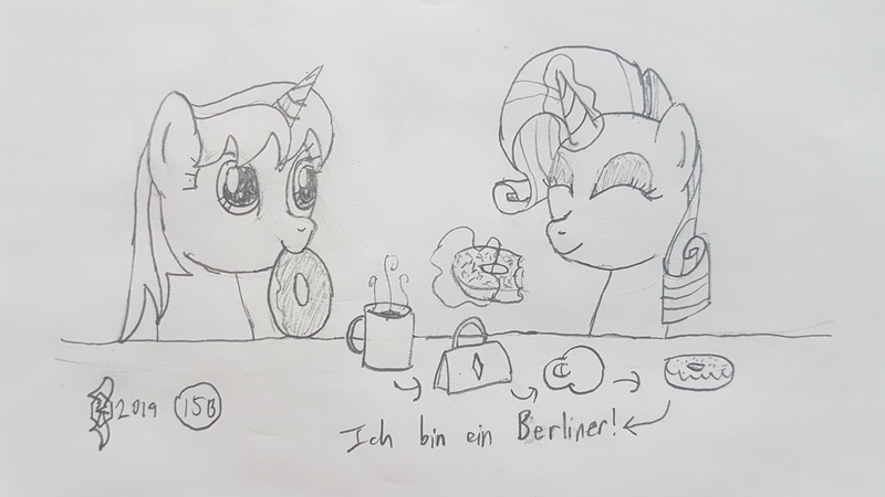 Size: 4032x2268 | Tagged: safe, artist:parclytaxel, derpibooru import, rarity, oc, oc:parcly taxel, alicorn, pony, unicorn, ain't never had friends like us, albumin flask, parcly taxel in japan, alicorn oc, coffee, coffee mug, donut, eyes closed, female, food, horn, ich bin ein berliner, kettlebell, levitation, lineart, magic, mare, monochrome, mug, pencil drawing, purse, story included, telekinesis, topology, traditional art, wings