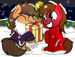 Size: 1600x1200 | Tagged: safe, artist:toyminator900, derpibooru import, oc, oc:binky, oc:chip, unofficial characters only, hybrid, pegasus, pony, zebra, zony, christmas, clothes, cold, gift art, hearth's warming eve, holiday, hoodie, santa beard, snow, zony oc