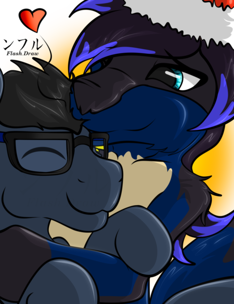 Size: 1000x1300 | Tagged: safe, artist:flash_draw, derpibooru import, oc, oc:flashdraw, unofficial characters only, earth pony, lucario, pony, christmas, cuddling, glasses, holiday, kissing, male, pack, pokémon