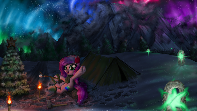 Size: 1920x1080 | Tagged: safe, artist:nuxersopus, derpibooru import, oc, pony, aurora borealis, christmas, christmas tree, fire, hearth's warming eve, holiday, mountain, nightsky, scenery, scenery porn, snow, solo, tent, torch, tree