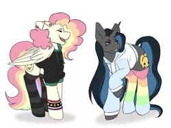 Size: 2732x2048 | Tagged: safe, artist:blacksky1113, derpibooru import, oc, oc:cheery candy, oc:tough cookie (ice1517), unofficial characters only, pegasus, pony, unicorn, bracelet, cheerycookie, clothes, clothes swap, ear piercing, earring, eyeshadow, female, hoodie, jewelry, lesbian, makeup, mare, multicolored hair, oc x oc, open mouth, piercing, rainbow hair, rainbow socks, raised hoof, shipping, simple background, socks, striped socks, white background, wristband