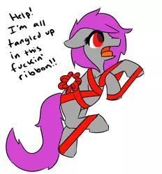 Size: 1340x1446 | Tagged: safe, artist:fluor1te, derpibooru import, oc, oc:fluorite, earth pony, pony, bow, bubbles (trailer park boys), christmas, colored, dialogue, flat colors, holiday, ribbon, show reference, simple background, solo, tangled up, trailer park boys, vulgar, white background