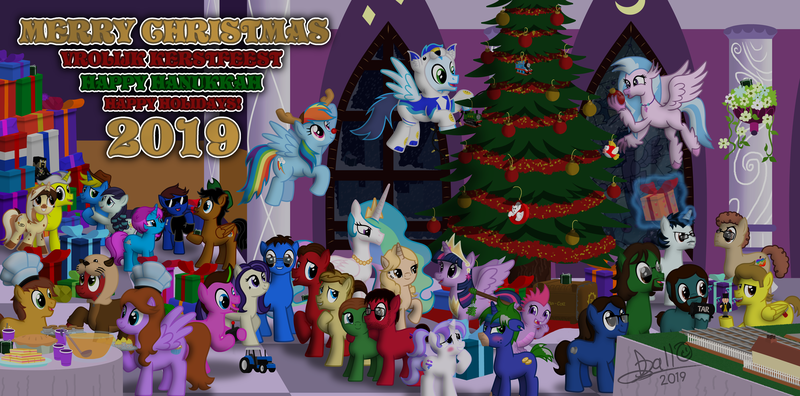 Size: 9100x4500 | Tagged: safe, artist:tidmouthmilk12, derpibooru import, coloratura, princess celestia, rainbow dash, silverstream, soarin', twilight sparkle, twilight sparkle (alicorn), oc, oc:taralicious, ponified, alicorn, pony, absurd resolution, canterlot castle, christmas, christmas tree, clothes, costume, countess coloratura, fake antlers, ghostbusters, hearth's warming, holiday, kigurumi, model train, ocs everywhere, onesie, party, pipboy, sir topham hatt, tara strong, thomas the tank engine, tractor, tree, vector