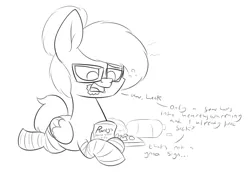 Size: 2101x1457 | Tagged: safe, artist:moonatik, derpibooru import, oc, oc:moonatik, unofficial characters only, pegasus, pony, chocolate, clothes, doodle, food, glasses, hair bun, hearth's warming eve, male, peanut butter, reese's peanut butter cups, sketch, socks, solo, striped socks