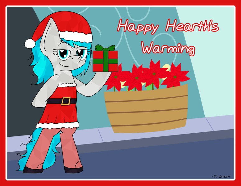 Size: 1650x1275 | Tagged: safe, artist:toonboy92484, derpibooru import, oc, oc:marigold earth tulip hosta, unofficial characters only, crystal pony, christmas, clothes, costume, hearth's warming, holiday, poinsettia, present, santa costume