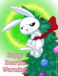 Size: 720x937 | Tagged: angel bunny, animal, artist:texasuberalles, christmas, christmas tree, derpibooru import, hearth's warming, hearth's warming tree, holiday, male, ornament, pun, rabbit, ribbon, safe, solo, tree, visual pun