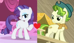 Size: 1238x720 | Tagged: best gift ever, derpibooru import, edit, edited screencap, female, green isn't your color, male, pistachio, raristachio, rarity, safe, screencap, shipping, shipping domino, straight