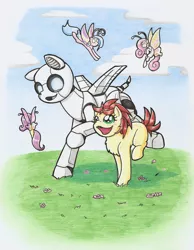 Size: 1563x2013 | Tagged: safe, artist:ravenpuff, deleted from derpibooru, derpibooru import, oc, oc:engel, oc:tinker, unofficial characters only, flutter pony, pony, robot, robot pony, comic:engel's baby, female, filly, traditional art