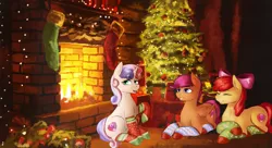 Size: 2970x1620 | Tagged: safe, artist:dukevonkessel, derpibooru import, apple bloom, scootaloo, sweetie belle, earth pony, pegasus, pony, unicorn, apple bloom's bow, bow, christmas, christmas lights, christmas stocking, christmas tree, clothes, cutie mark crusaders, eyes closed, female, filly, fireplace, hair bow, holiday, open mouth, prone, sitting, smiling, socks, tree, trio