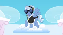 Size: 2880x1620 | Tagged: safe, derpibooru import, screencap, madden, pegasus, pony, sonic rainboom (episode), clothes, cloud, looking at you, male, on a cloud, stallion, standing on cloud, sunglasses