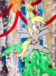 Size: 1400x1903 | Tagged: safe, artist:aquilateagle, derpibooru import, derpy hooves, pegasus, a hearth's warming tail, canvas, christmas, christmas tree, cute, decoration, derpabetes, derpy star, hearthswarming, hearth's warming tree, holiday, image, jpeg, painting, scene interpretation, solo, stars, tree, twilight's castle