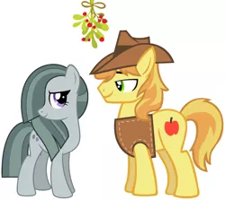 Size: 2092x1869 | Tagged: braeble, braeburn, christmas, derpibooru import, female, hearth's warming, heartwarming, holiday, looking at each other, male, marble pie, mistleholly, romance, romantic, safe, shipping, smiling, straight