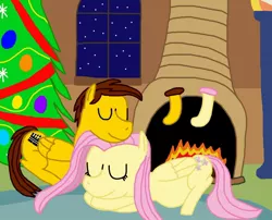 Size: 1280x1035 | Tagged: safe, artist:sb1991, derpibooru import, fluttershy, oc, oc:film reel, pegasus, pony, christmas, christmas stocking, christmas tree, clothes, fireplace, fluttershy's cottage, hearth's warming, hearth's warming eve, holiday, lamp, pregnant, snow, socks, stockings, thigh highs, tree
