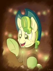 Size: 1850x2480 | Tagged: safe, artist:litrojia, derpibooru import, pistachio, earth pony, pony, best gift ever, abstract background, christmas, clothes, hat, hearth's warming, holiday, led, lights, male, open mouth, raised hoof, raised leg, sitting, smiling, socks, solo, stallion, sweater