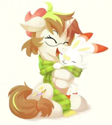 Size: 792x888 | Tagged: safe, artist:draconidsmxz, derpibooru import, oc, unofficial characters only, pony, scorbunny, unicorn, clothes, pokémon, scarf, shared clothing, shared scarf, simple background, solo, white background