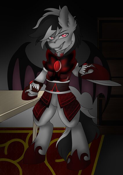 Size: 1448x2048 | Tagged: safe, artist:glacialpain, derpibooru import, oc, oc:stormdancer, bat pony, vampire, vampony, armor, assassin, assassin's creed, bat pony oc, bat wings, bipedal, glowing eyes, hidden blade, night guard, wings