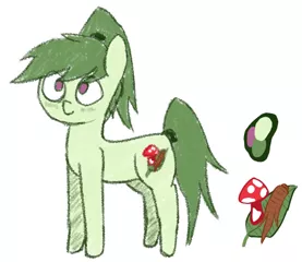 Size: 690x598 | Tagged: safe, anonymous artist, derpibooru import, oc, oc:greenie (xponi), earth pony, pony, fanfic:xponi, cute, female, green pony, leaf, mushroom, ponytail, solo